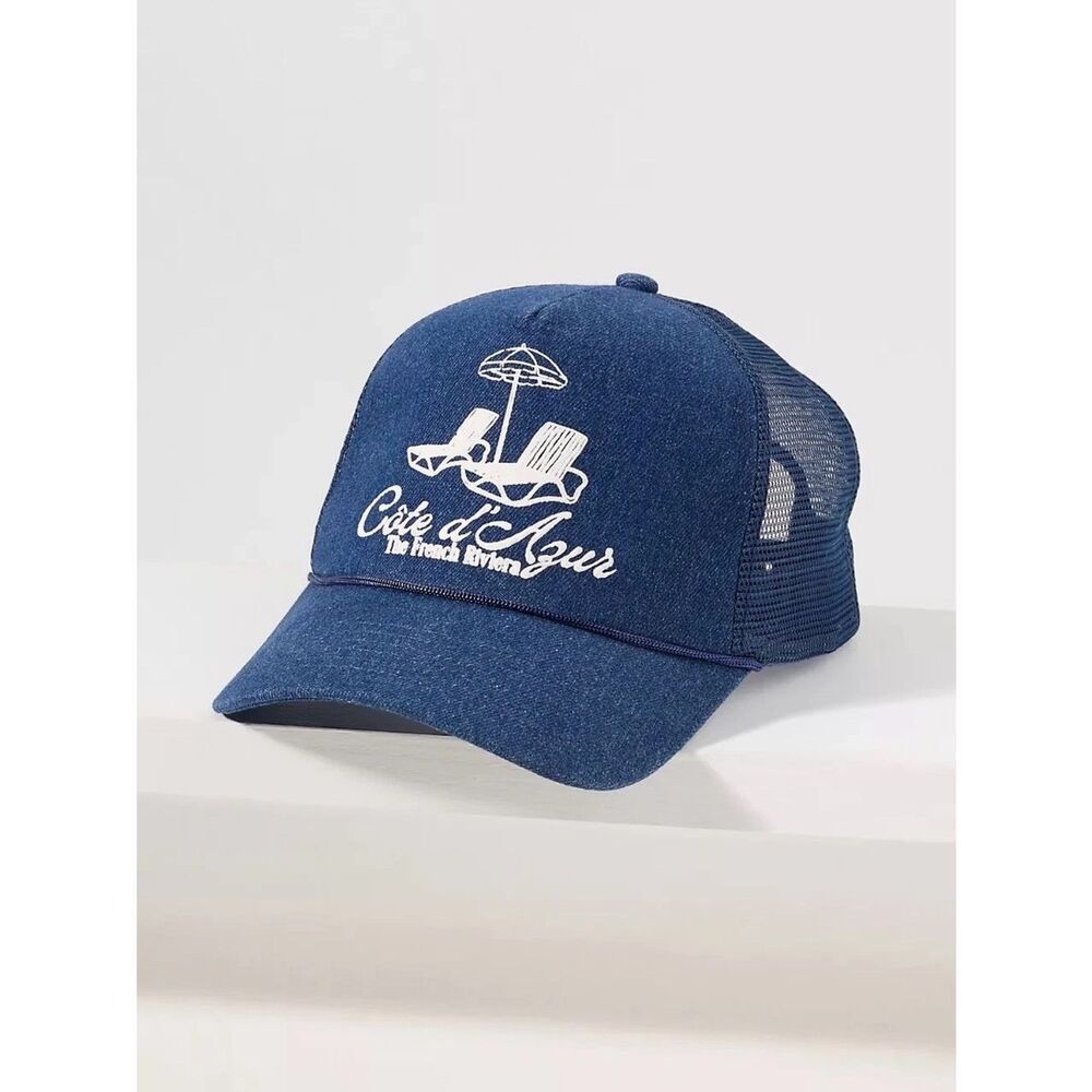 Anthropologie Coney Island Picnic Getaway Blue Denim Trucker Hat French Riviera